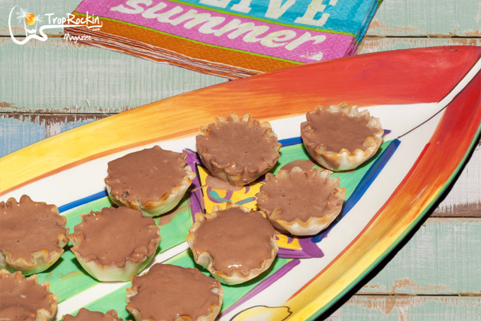 Chocolate Pudding Shots on tropical serving plate