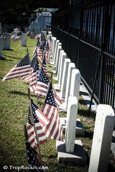Row of white uniform headstones with a US flag staked into the groun in front of each headstone.