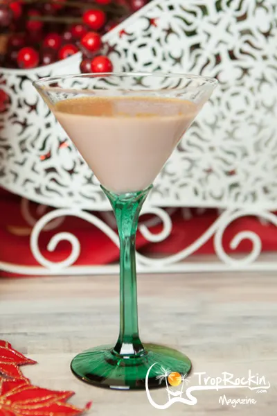 The Tiramisu Martini full glass with Christmas background.