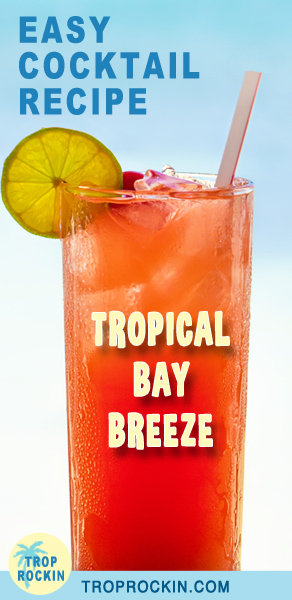 Tropical Bay Breeze Cocktail with a beach in the background - pin