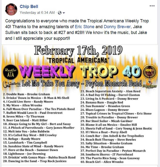 Jake Sullivan Adventure Series Inspired Songs Make the Weekly Top 40 on Radio A1A
