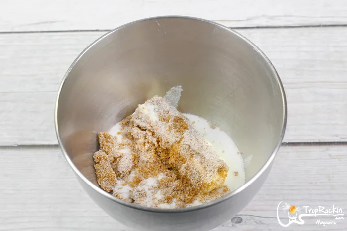 Butter, Brown Sugar and Sugar for Cream Blondies in Mixing Bowl 