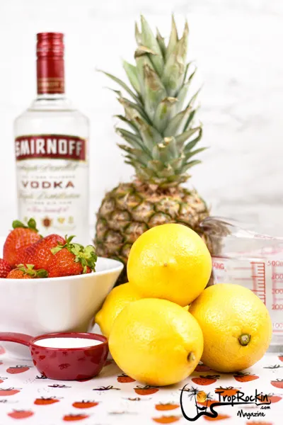 Pineapple Strawberry Vodka Lemonade Ingredients - vodka, pineapple, lemons and strawberries