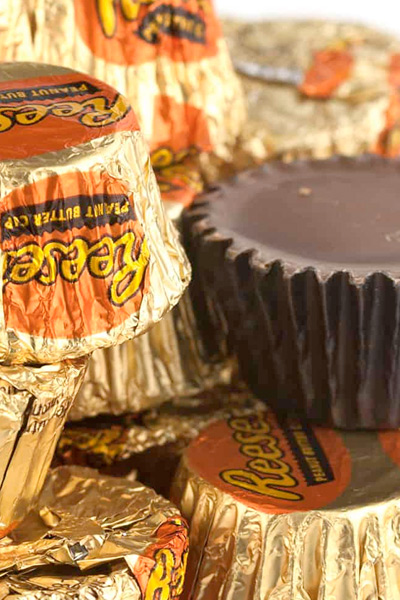 Reese's Peanut Butter Cups stacked up.