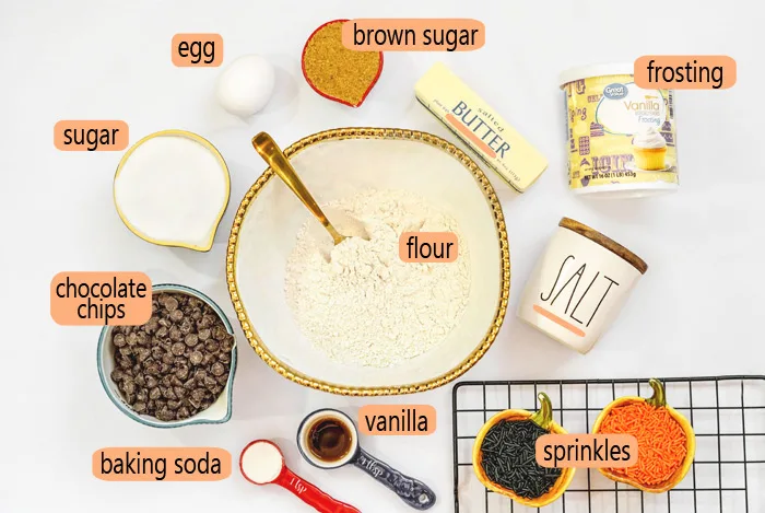 All ingredients for this Halloween Cookie Recipe displayed on white background. 