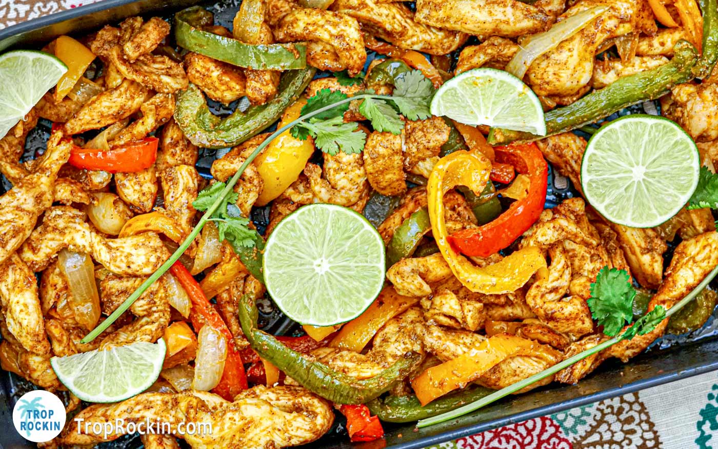 Air Fryer Chicken Fajitas with Peppers on serving plate.