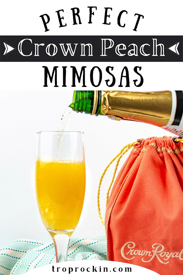 Pouring champagne over orange juice and Crown Royal Peach whisky in a champagne flute.