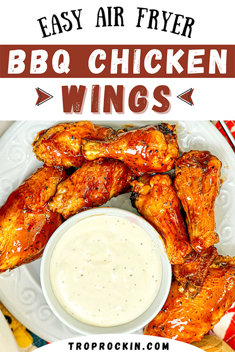 Air Fryer BBQ Chicken Wings on plate with ranch dressing dipping sauce pinterest pin.