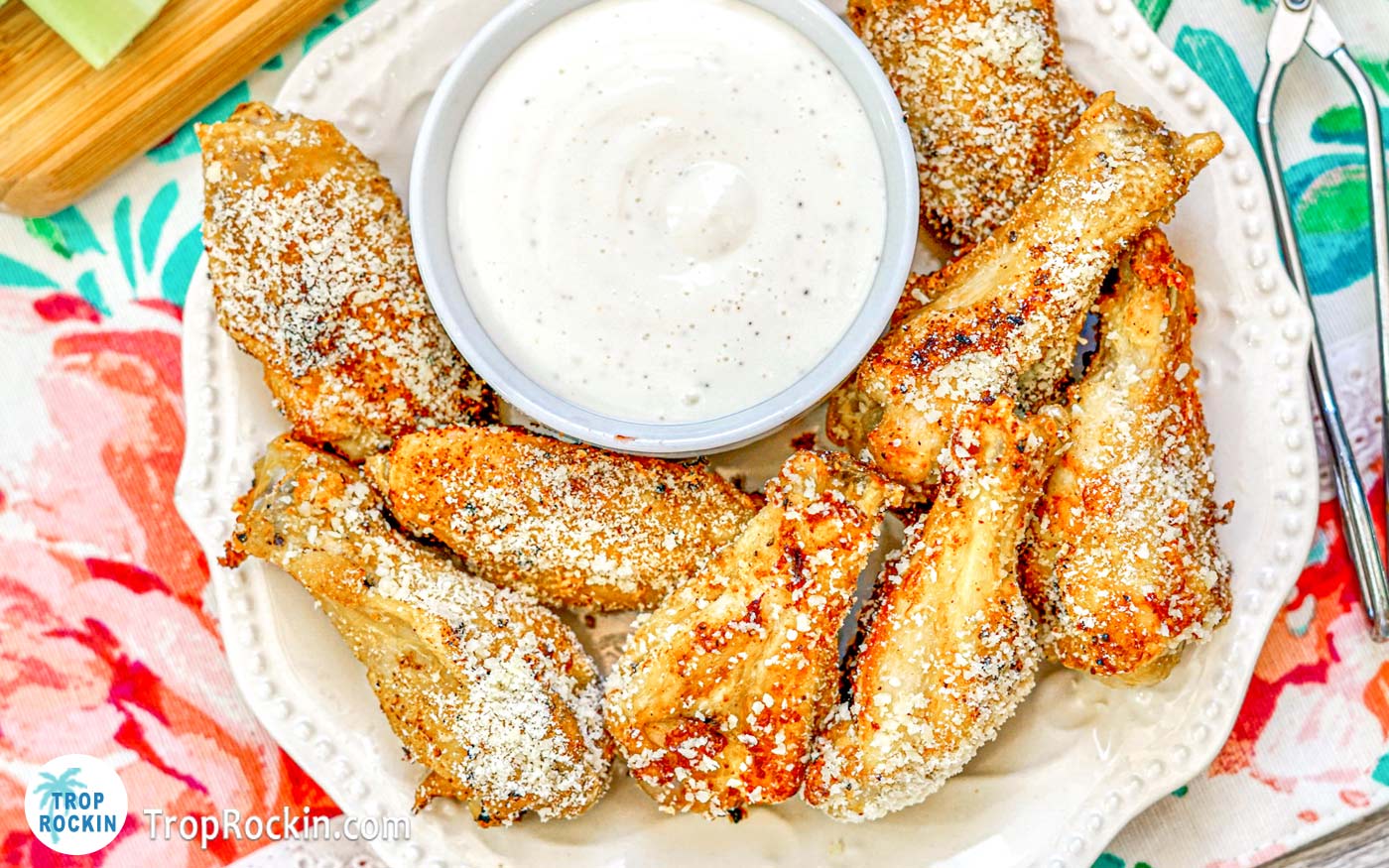 Garlic Parmesan Wings Air Fryer recipe on plate with dipping sauce