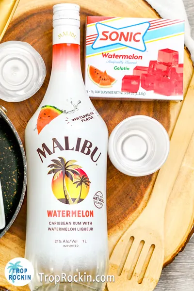 Ingredients for Watermelon Jello Shots: Bottle of Malibu Watermelon Rum and Sonic Watermelon Jello.