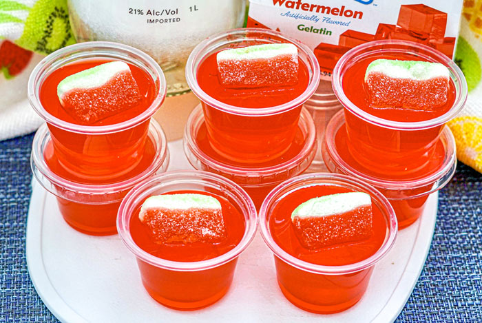 Watermelon Jello Shots with Malibu Watermelon rum and sonic jello box in background.