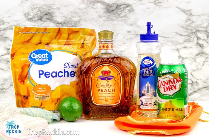 Peach Crown Royal Frozen Drinks Ingredients set out on counter top.