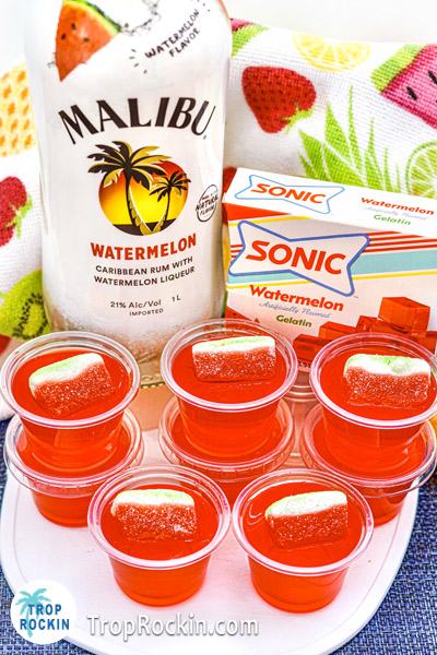 Watermelon Jello Shots with Malibu Watermelon Rum Bottle and Sonic Watermelon box in background,