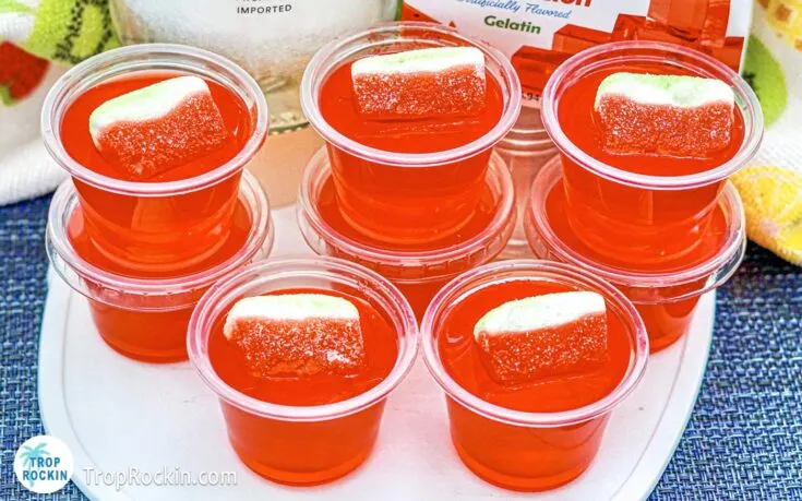 Malibu Watermelon Rum Jello Shots with Watermelon Gummies for Garnish stacked on plate.