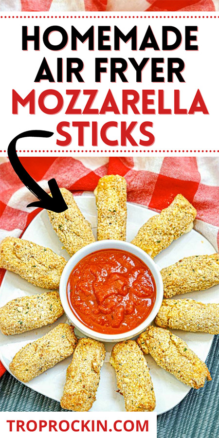 Plate of air fryer cheese sticks with marinara sauce in a small bowl with recipe title on top for pinterest pin.