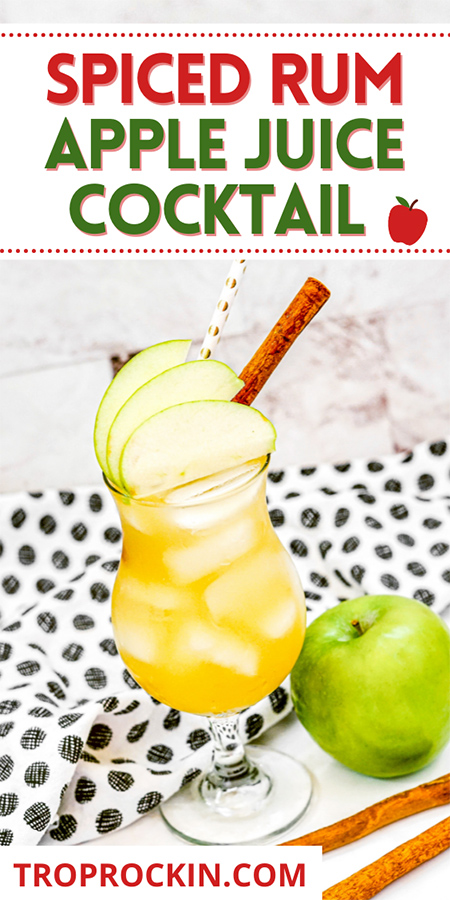 Apple juice cocktail with cinnamon stick and apple slices for garnish with recipe title on top for pinterest pin.