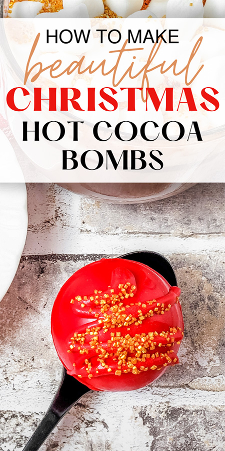Single Christmas hot chocolate bomb on spoon with recipe title on photo for pinterest pin.