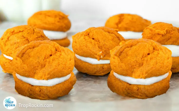 Cake Mix Pumpkin Whoopie Pies on serving tray.