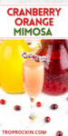 Cranberry orange mimosa in a champagne flute topped with sugared fresh cranberries on a skewer with a caraft of orange juice and caraft of cranberry juice in the background with title on top for pinterest pin.