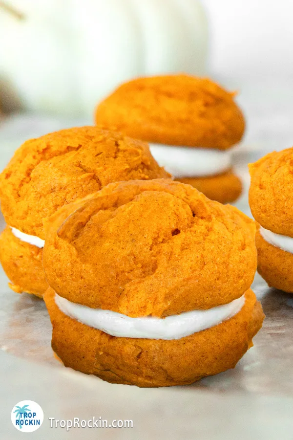 Close up of cake mix pumpkin whoopie pies on platter.