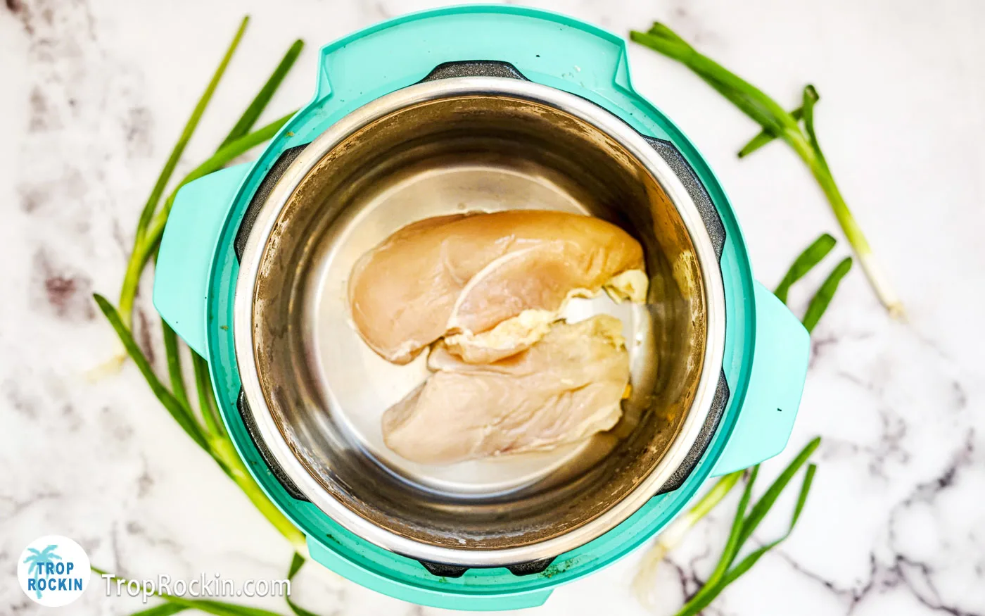 Two raw chicken breasts in the Instant Pot.