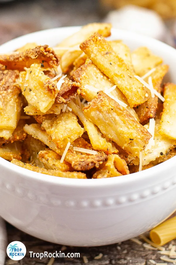 Upclose view of air fryer pasta chips.