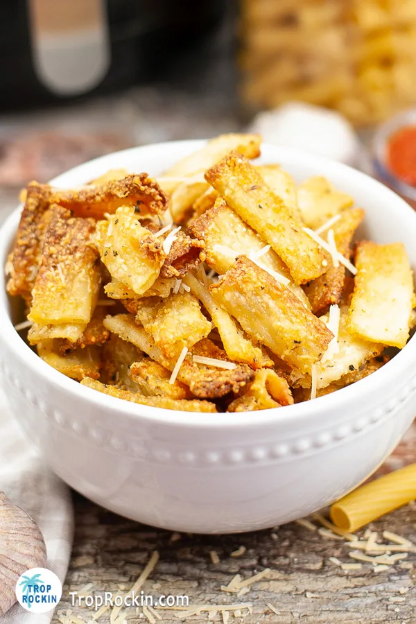 Bowl of air fried pasta chips.