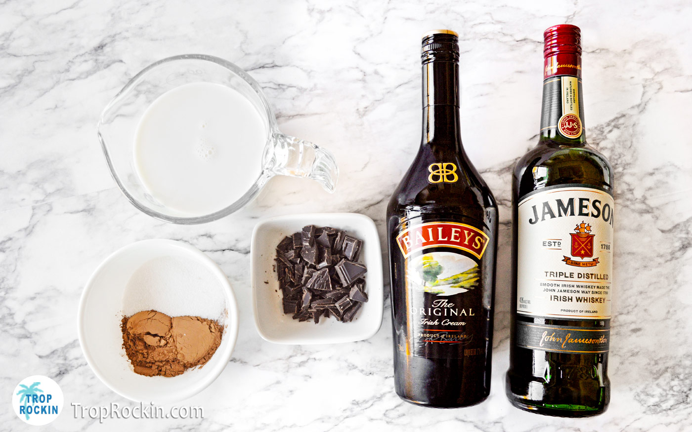 Irish Hot Chocolate ingredients displayed on counter top.