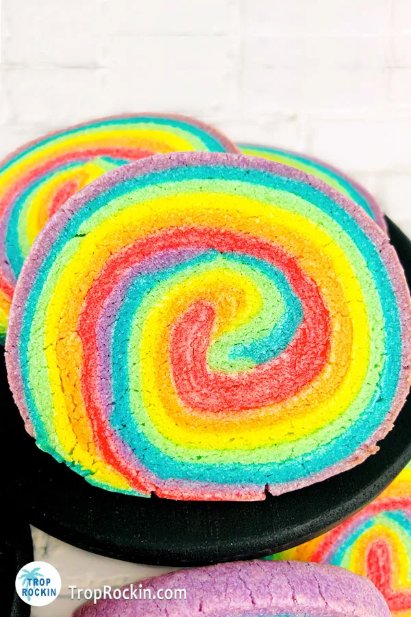 Close up of one rainbow sugar cookie.
