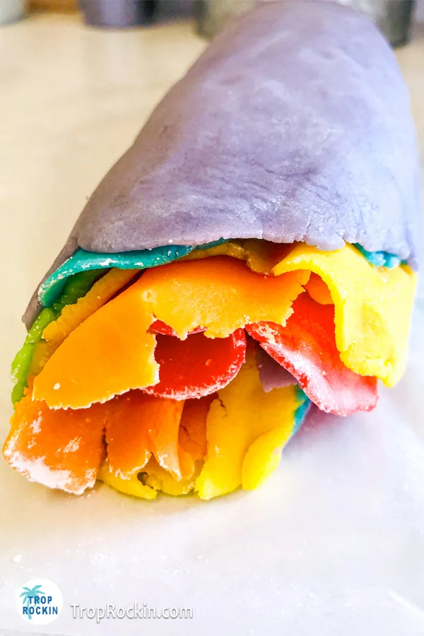 Rolled rainbow sugar cookie dough into a log.