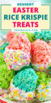 Easter Rice Krispie Treats in the shape of an Easter Egg dipped in white chocolate and sprinkled with Easter Sprinkles and recipe title text overlay for pinterest.