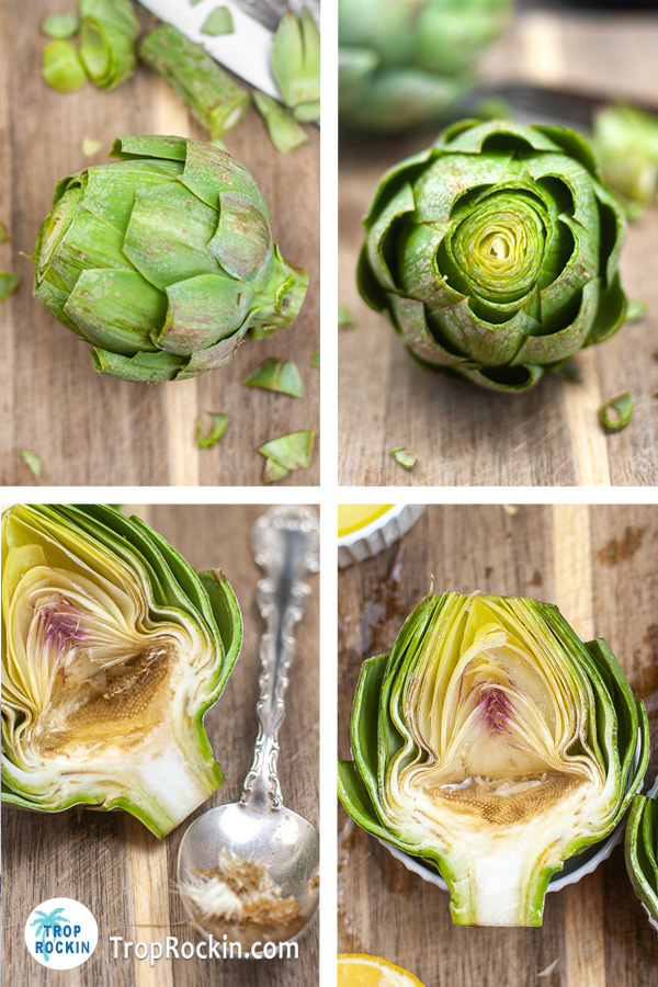 Four panel photo collage. Top left showing artichoke with cut off stem. Top Right showing the top cut off of the whole artichoke. Bottom left photo showing removal of the choke with a spoon. Bottom right photo is the prepped artichoke half. 
