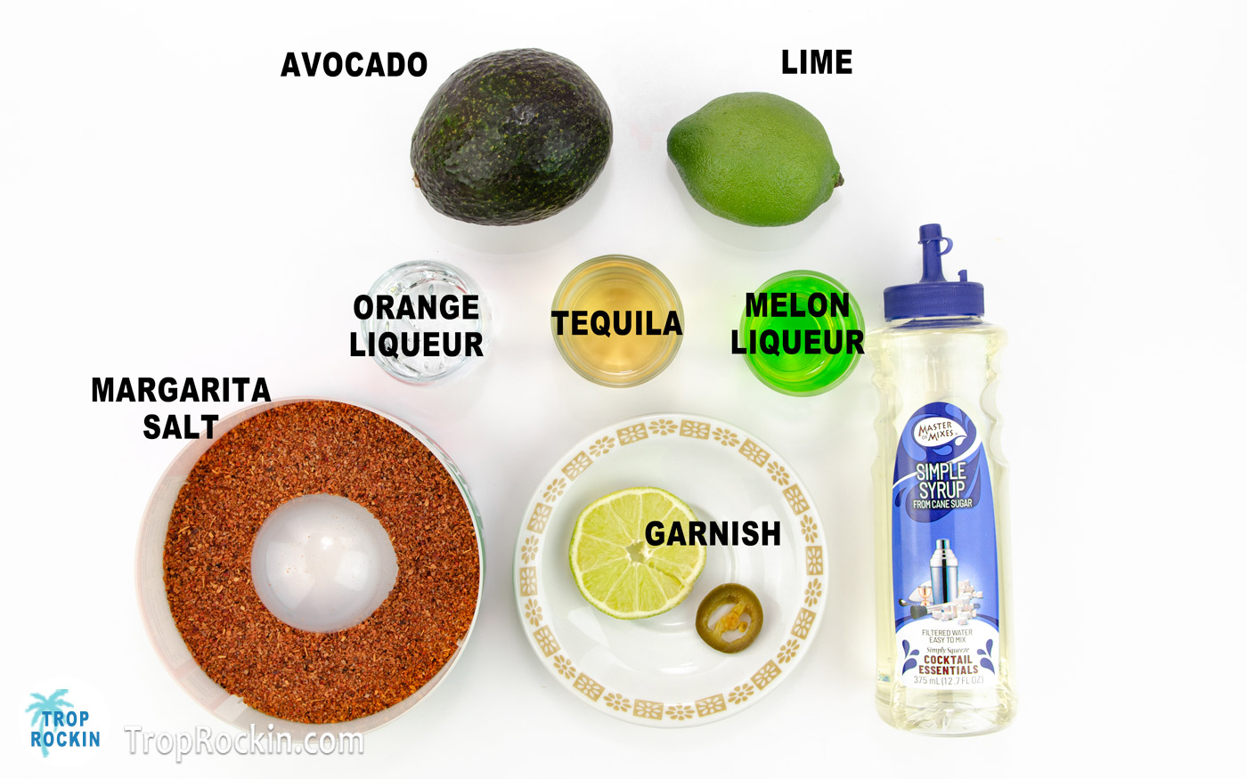 Avocado Margarita ingredients displayed on counter top.