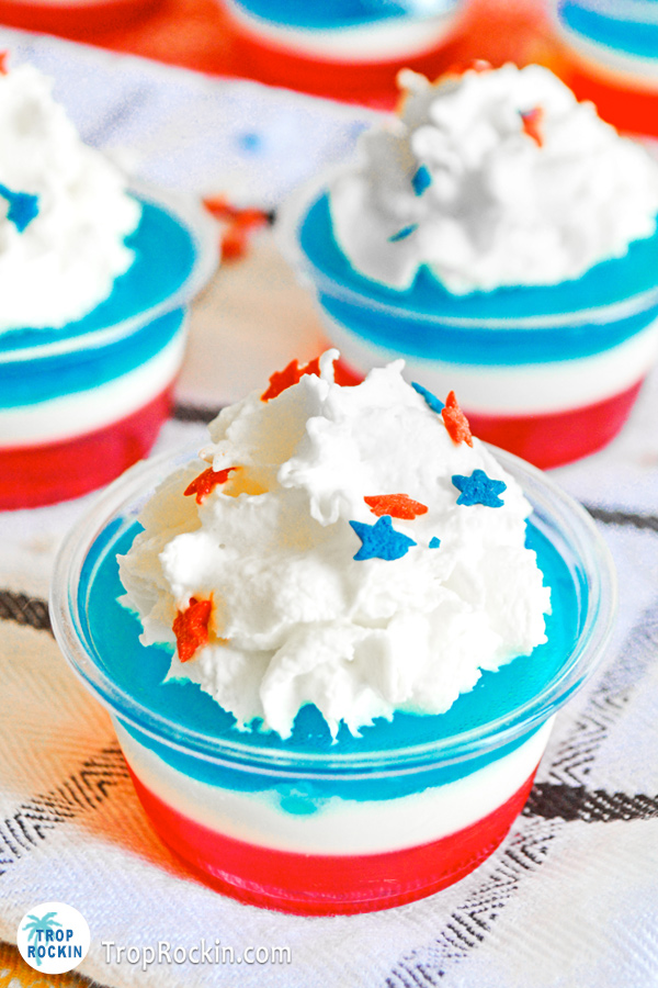 Set of 3 red white and blue jello shots.
