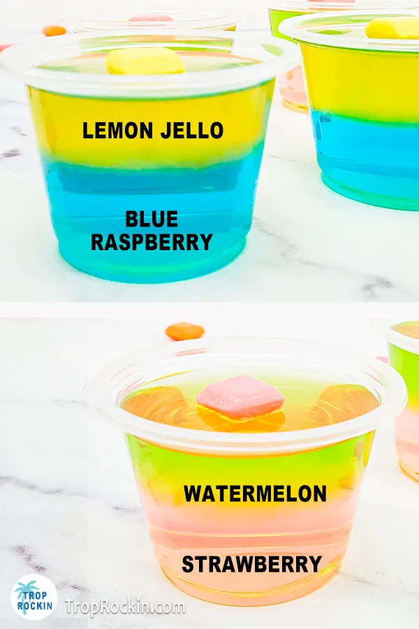 Lemon Jello and Blue Raspberry Starburst Jello shot on top, Watermelon and Strawberry Starburst Jello Shot on bottom with text overlay labeling each jello layer.