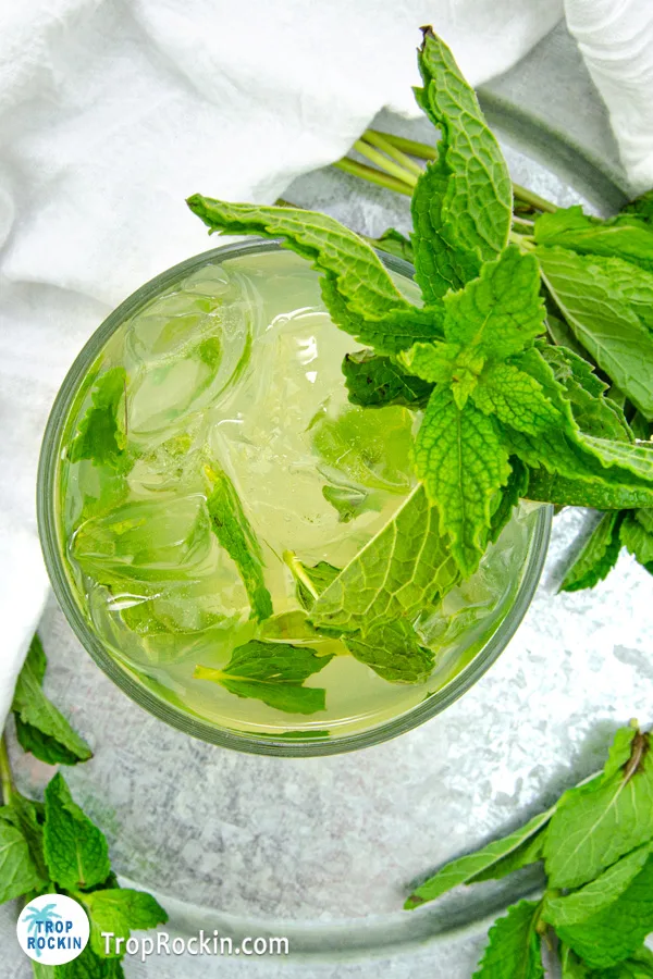 Top view of this Mojito Recipe with Simple Syrup garnished with a sprig of mint and lime slices.