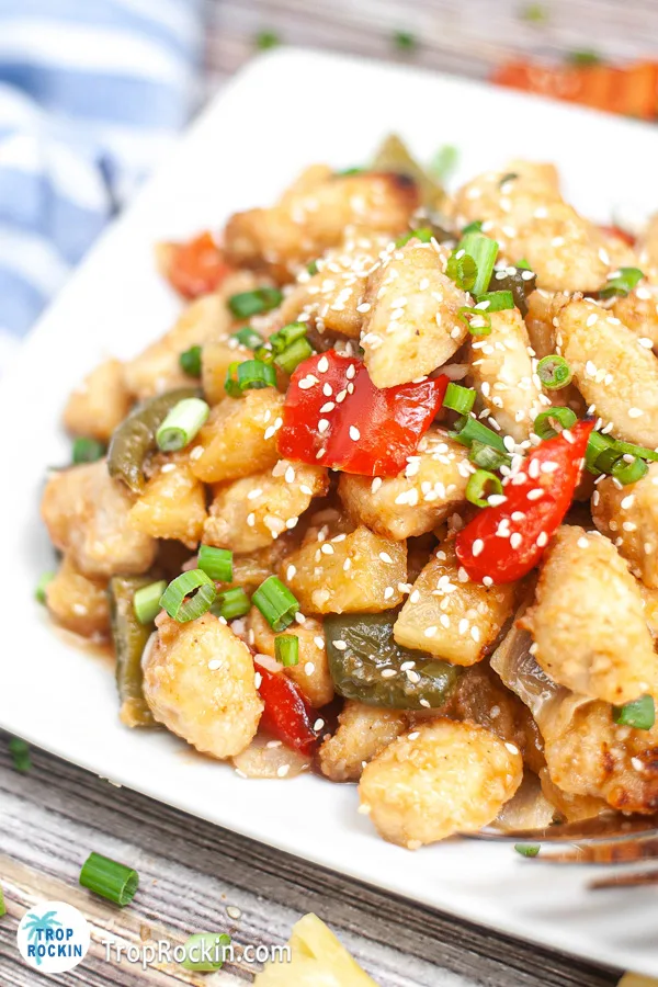 Close up of Air fryer sweet and sour chicken on plate.