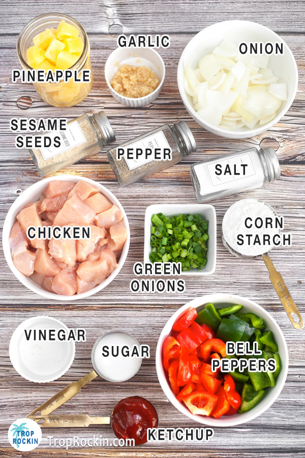 Air Fryer Sweet and Sour Chicken ingredients in bowls on counter top with text overlay identifying each ingredient.