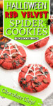Red velvet halloween spider cookies on white tray with text overlay for sharing to social media.
