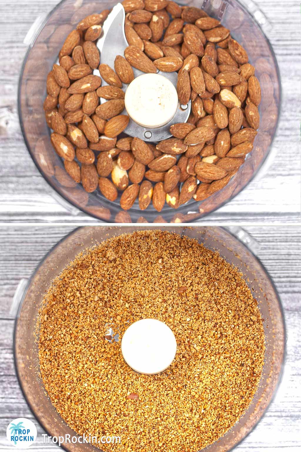 Top photo of whole almonds in the food processor, bottom photo is almond crumbs in the food processor.