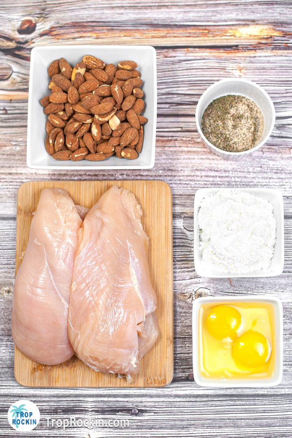 Air Fryer Almond Crusted Chicken Ingredients displayed on countertop.