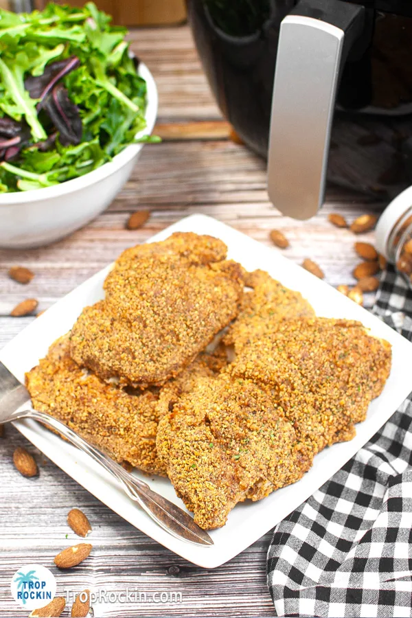 Air Fryer Almond Crusted Chicken on a white plate.