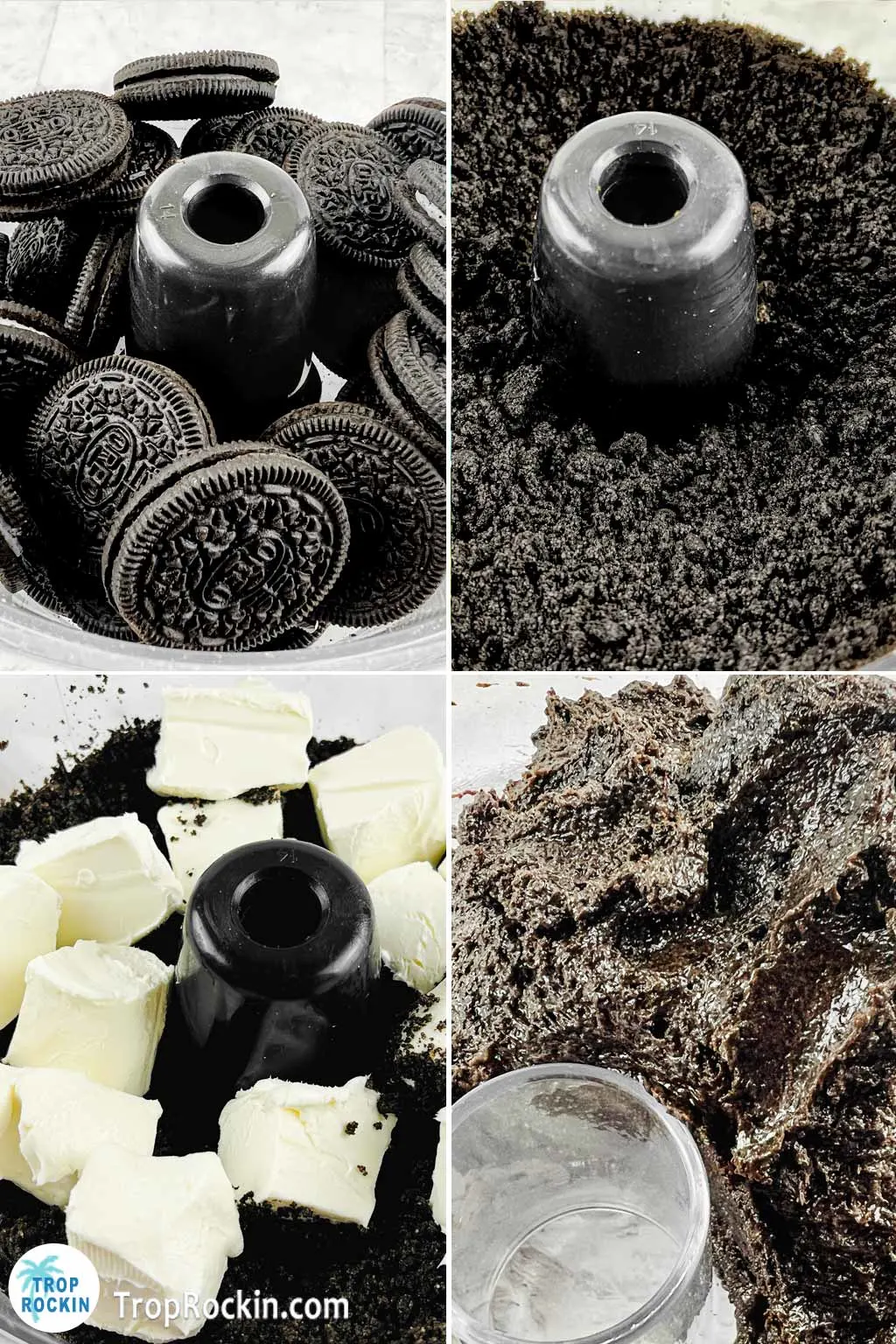 Collage of 4 photos: Oreo cookies in food process, oreo cookie crumbles, adding blocks of cream cheese and oreoe cookies mixed with cream cheese.