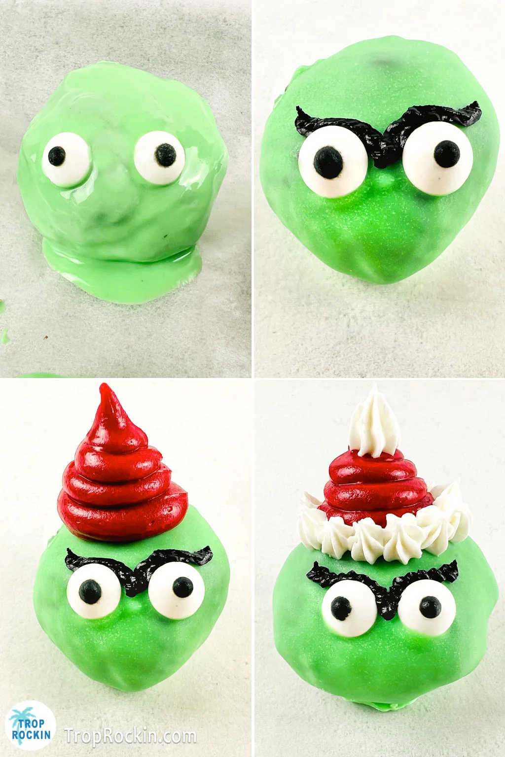 Collage of four photos decorating the grinch oreo balls. Adding candy eyeballs, grinch eyebrows, red santa hat and white santa hat decoration.