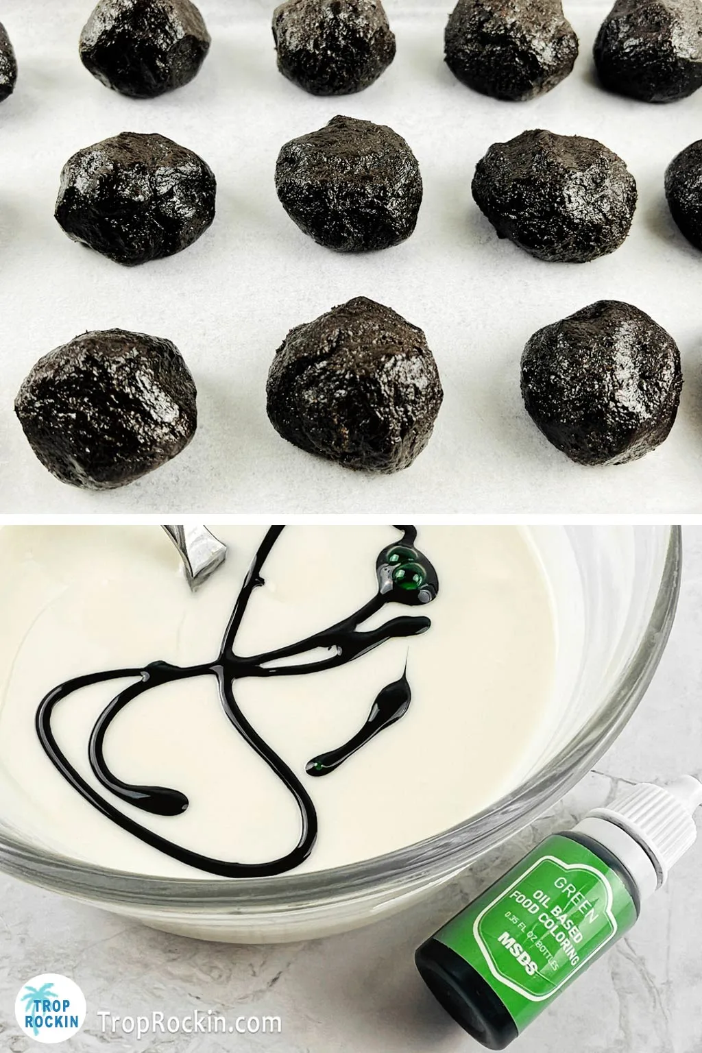 Top photo is oreo cookie balls on waxed paper covered cookie sheet and bottom photo is melted white chocolate in a bowl with green food coloring streaked on top of it.