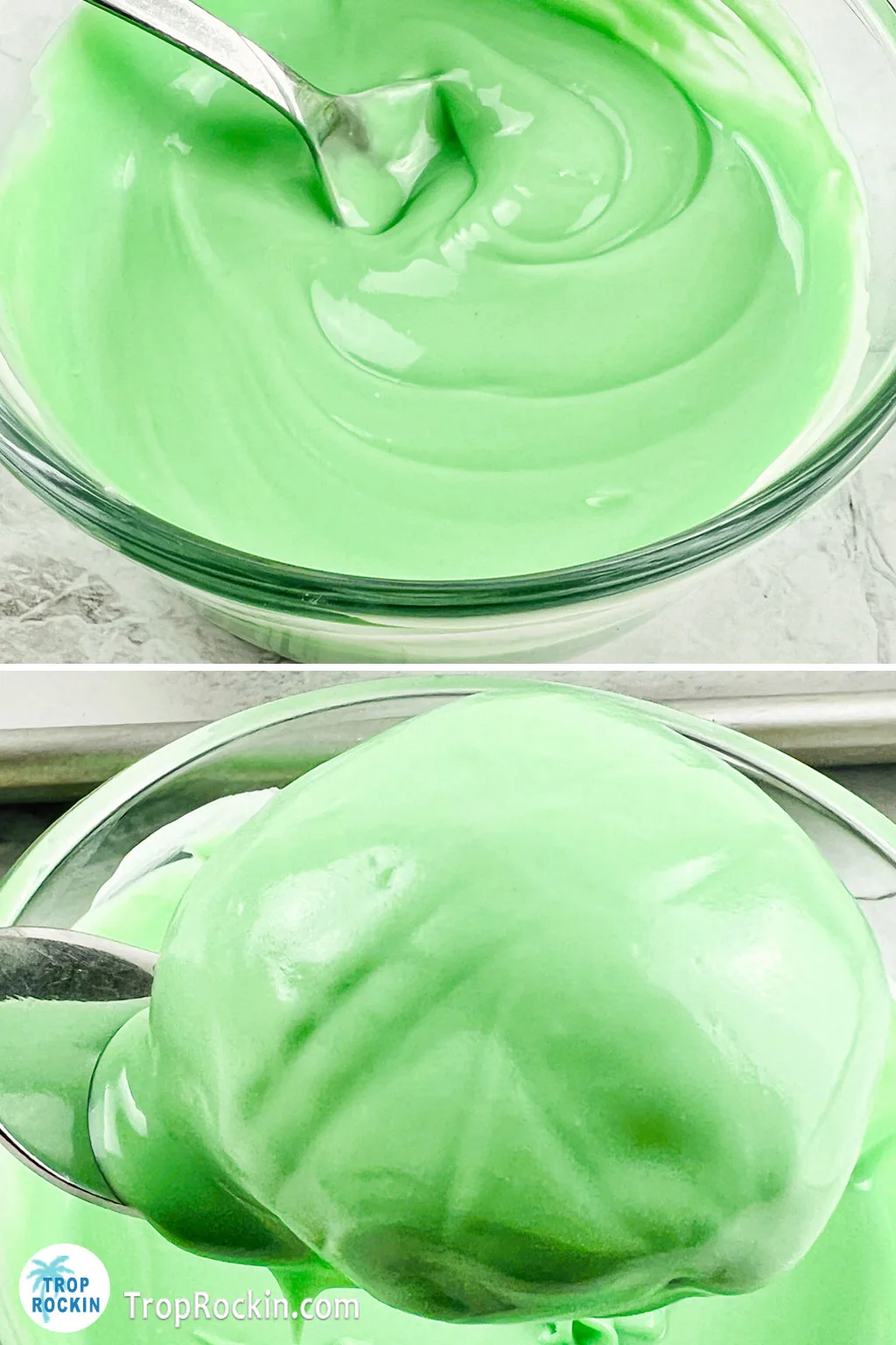 Top photo melted white chocolate turned green with food coloring and bottom photo using a fork to dip an oreo cookie ball into the green melted chocolate.