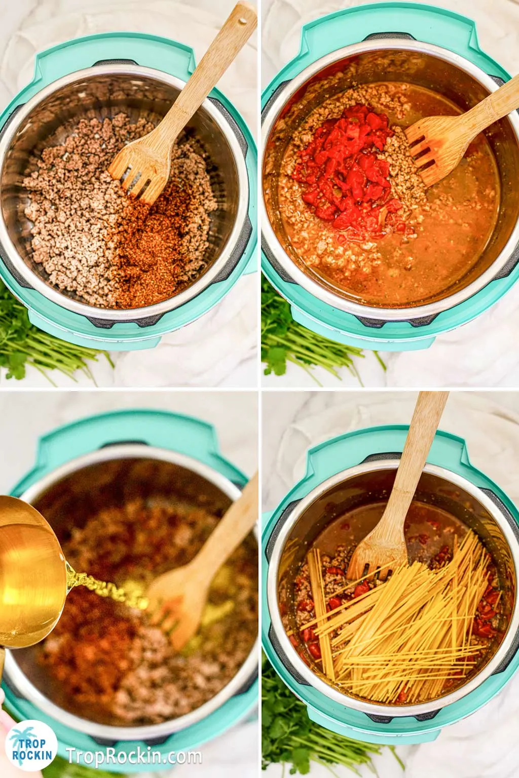 Collage photo of adding each ingredient into the instant pot. 