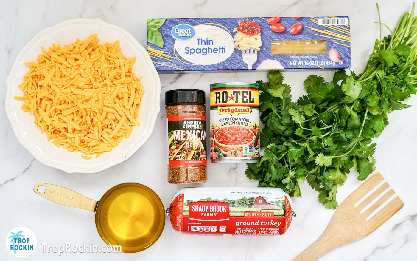 Instant Post Taco Spaghetti ingredients displayed on counter top.
