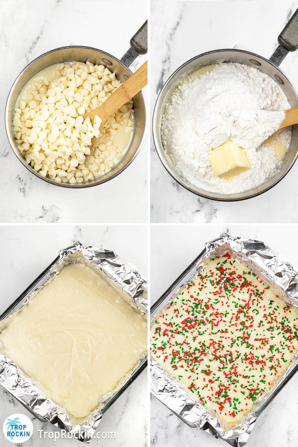 Four photo collage. Top left photo of saucepan with condensed milk and unmelted chocolate chips. Top right saucepan with added butter and sugar cookie mix. Bottom left fudge mixture poured into square baking pan. Bottom right Christmas sprinkles added on top of fudge mixture in square pan.