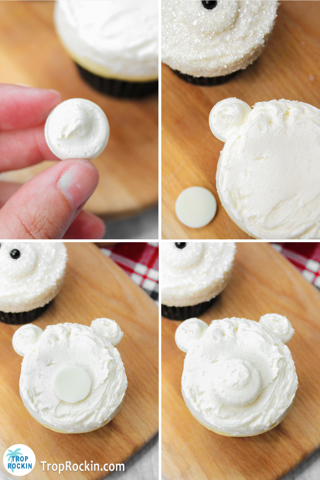Four photo collage decorating the polar bear cupcakes: top left is added frosting to a chocolate wafer, top right is the wafer pressed partially into the frosted cupcake, bottom left shows both wafers for ears and a wafer without frosting in the middle of the cupcake and bottom right is the added frosting on the wafer for the nose.